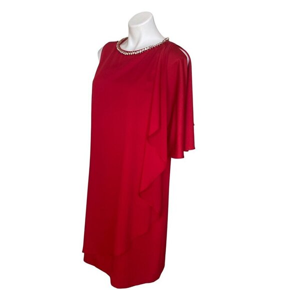 Tahari ASL Red Asymmetrical Sleeve Cocktail Dress, Rhinestones Women's Size 10 - Picture 8 of 10